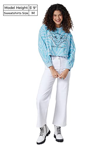 Image of The Souled Store|Official The Lion King: Ready to Rule Women and Girl Sweatshirts|Full Sleeve| Loose fit Graphic Printed| 60% Cotton 40% Polyester White and Blue Color Women Oversized Sweatshirts
