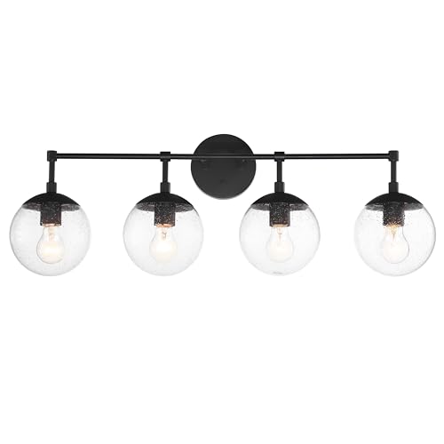 Image of Design House Gracelyn 4-Light Dimmable Bathroom Vanity Light, Seeded Glass, Matte Black, 31.52 in W x 8 in D x 11.45 in H, 589572 | Dimmable, Wall Mount, Contemporary /Modern, Steel, Lighting, 589572