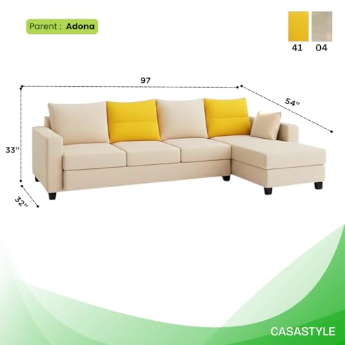 Image of CASASTYLE Texon 5 Seater Fabric RHS L Shape Sofa Set (Yellow-Cream) Velvet Finish | Comfortable Sectional Sofa Set