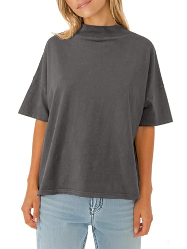 Womens Casual Short Sleeve Mock Neck T Shirts Summer Loose Fit Basic Plain Tee Tops