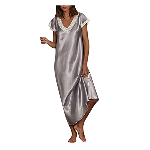 Generisch Nachthemd Damen Lange Satin Nachtkleid Damen Lang Nachtwäsche V-Ausschnitt Schlafshirt Kurzarm Unterkleid Große Größen Negligee...