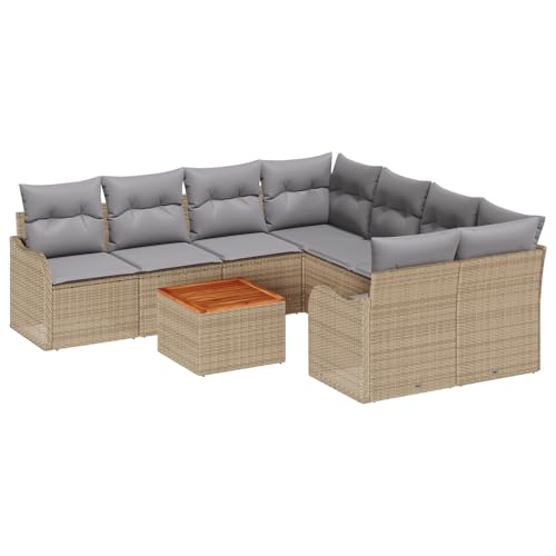 vidaXL Juego de Sofás de Jardín de 9 Piezas con Cojines Beige Ratán Poliéster Acacia, Sofá de Jardín de 2 Plazas con Almacenamiento y Cojines Beige Ratán Poliéster