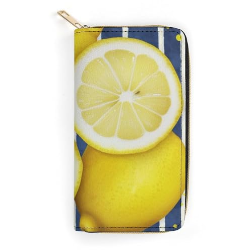 Lemon Print Long Wallet for Women Men PU Leather Card Holder Organizer with Zipper Coin Pocket & Cash Slots