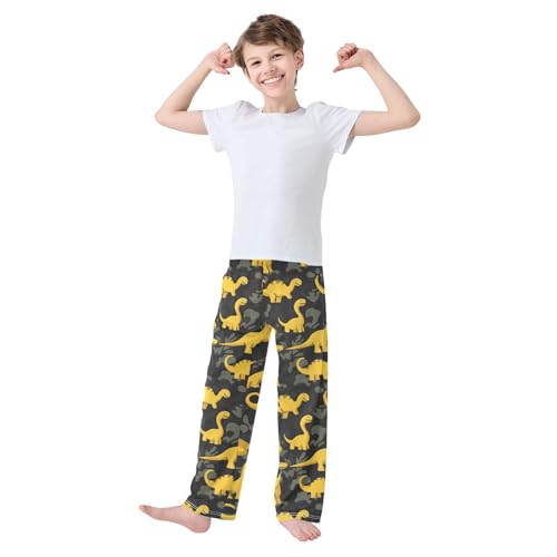 Yellow Dinosaurs Dark Boys Pants Girl Sleep Pants Long Trousers Elastic Waist Lounge Bottoms S3