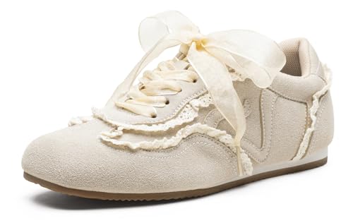 Vepose Women's Beige Casual Dressy Retro Fashion Sneakers, Square Toe Suede Lace Tennis Shoes,...