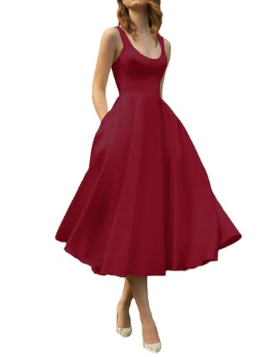 Women's Vintage Satin Cocktail Dresses Tea Length A-Line Prom Dresses Spaghetti Straps Scoop Neck with Pockets 2025