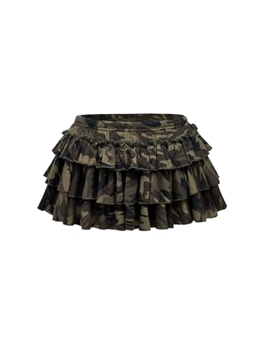 GORGLITTER Damen Minirock Y2K Hosenrock mit Camouflage Mehrlagige Kurzer Partyrock Elastische Taille Faltenrock mit Rüschensaum Festival Outfit...