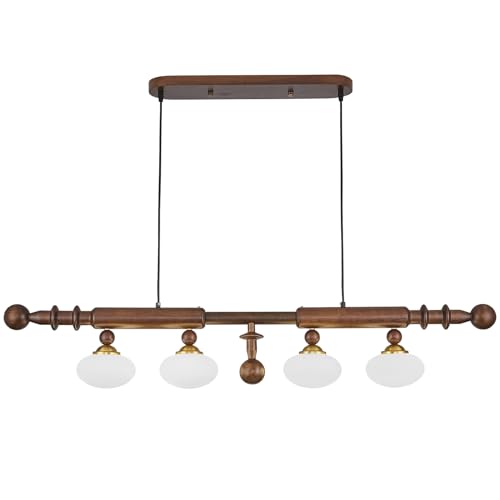 Image of Wood and Globe Linear Chandelier Wooden Farmhouse Dining Room Light Fixture Rustic 4-Light Linear Kitchen Island Lighting Mid Century Modern Globe Hanging Pendant Light with Milk Glass Lampshade