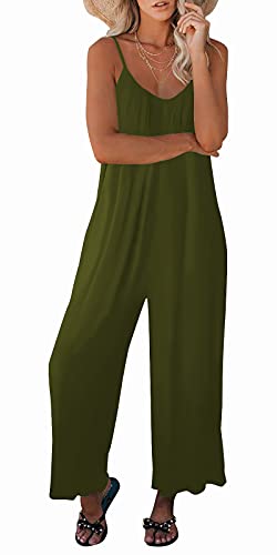 Snugwind Womens Loose Sleeveless Jumpsuits Adjustable Spaghetti Strap Stretchy Long Pant With Pockets Large Army Green #TOP2
