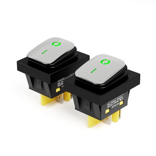 2PCS KCD4 Toggle Switch on Off 30A Marine IP67 Waterproof Rocker Switch 110v Green LED 30x22mm for Cars,Boat, and DIY Enthusiasts(110-220V Stainless Steel)