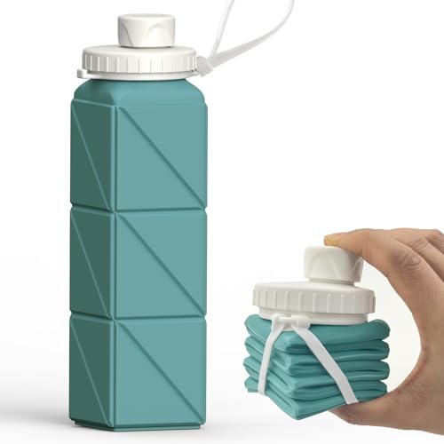 Faltbare Trinkflasche 610ml, Leichte Silikon Wasserflasche, Zusammenklappbar, Auslaufsicher, Für Fitness, Radfahren, Outdoor, Camping, Wandern, BPA-frei, Tragbar, Wiederverwendbar (Blau)