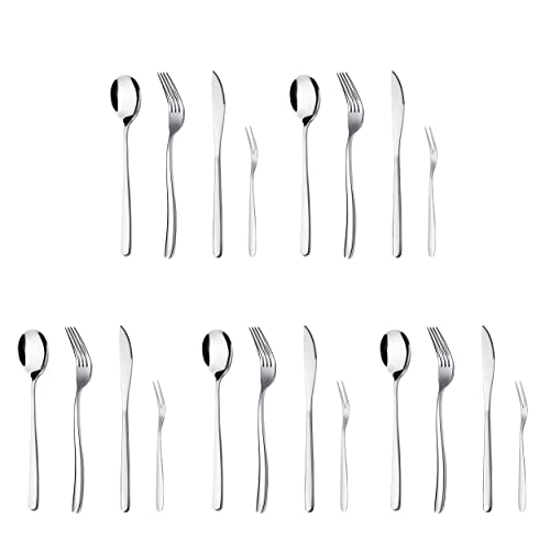 Image of aDai Set of 20 Luxury Silver Cutlery Set - Daily Use Stainless Steel Mirror Finish - 5 Dinner Spoon, 5 Fork, 5 Steak Knife & 5 Fruit Fork for Home, Restaurant & Gifting