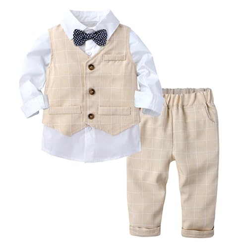 Freebily Ensemble Bapteme Mariage Ceremonie Bebe Garcon Vetements Gentleman Pantalon Gilet Chemise Noeud Papillon Garçon Tenue A Manches Longues Beige 18-24...