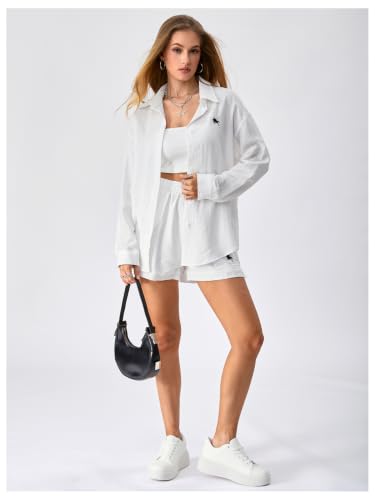 Image of SweatyRocks Women's 2 Piece Outfits Button Down Shirts Lounge Linen Sets and Mini Shorts Pajama Gauze Set Beachwear