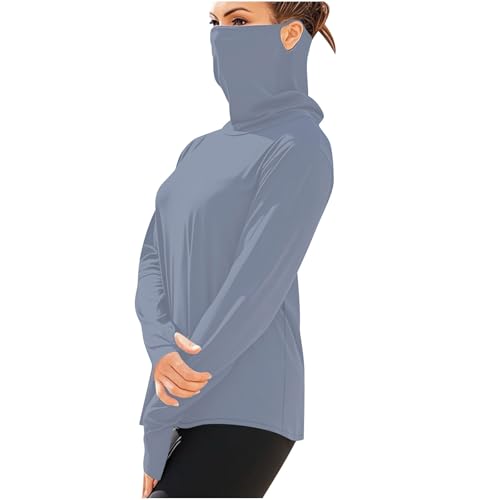 Women's UPF 50+ Sun Protection Shirts with Face Mask, Unisex Outdoor Long Sleeve Shirt Cooling Hiking Workout Tops Gray Blue