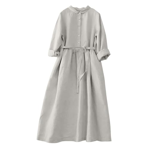 Baumwolle Leinen Kleid Damen Blusenkleid Langarm Halb Knopf Maxi Kleider Sommer Langes Kleid Leinenkleid Hemdkleid Strandkleid A-Linie Maxikleider