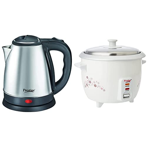 Prestige Electric Kettle Pkoss – 1500Watts, Steel (1.5Ltr), Black & Prestige Delight Prwo 1-Litre Electric Rice Cooker (White)