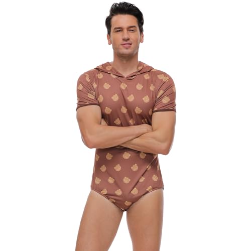 Mens Short Sleeve Bodysuit Romper Pajamas For Men Button Crotch Onesies-Bear Hoodie Onesies2