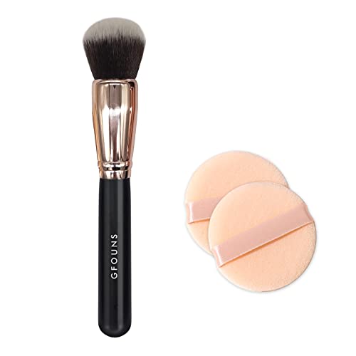 GFOUNS powder brush for loose powder & 2 pcs powder puffs:setting powder brush for pressed powder,full coverage makeup brush for liquid foundation,buffing,blending,travel size makeup brushes