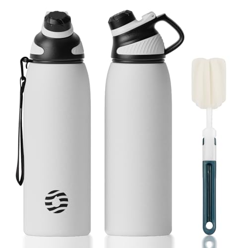 Image of Fjbottle 32oz Stainless Steel Insulated Water Bottle No Straw Spout Lid | Leakproof Keeps Cold 24H, Double Wall Vacuum Insulated, BPA Free, Easy to Clean Sports Water Bottle for Gym Hiking & Outdoor