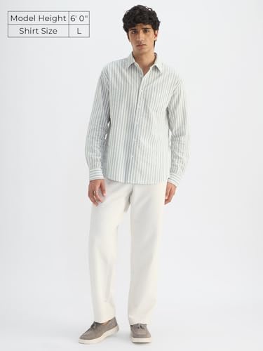 Image of The Souled Store: Veridian Men and Boys Long Sleeve Spread Collar White and Light Green Striped Cotton Regular Shirt