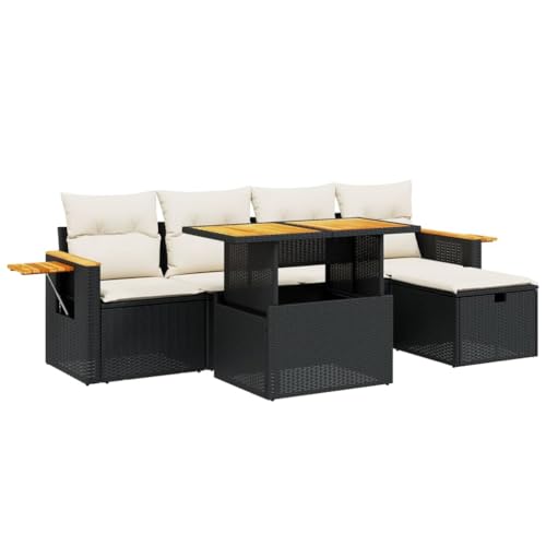 XHNIFBN Juego de 6 sofás de jardín de ratán sintético, con mesa ajustable en altura y cojines de asiento, muebles de jardín modulares para terraza y balcón, color negro y crema