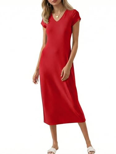 Image of Wenrine Womens Short Sleeve T-Shirt Dress V Neck Summer Casual Midi Dresses