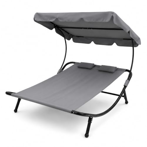 LORVIK Cama Balinesa Doble Exterior con Toldo Ajustable y Cojines, Tumbona de Jardín para 2 Personas, Estructura de Acero para Terraza, Piscina y Patio
