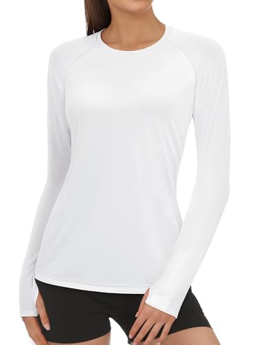 Rash Guard for Women UPF50+ Sun Shirt, Long Sleeve UV Protection Shirts Women Quick Dry Workout Shirts Hiking Swimming Tops(Small, White)