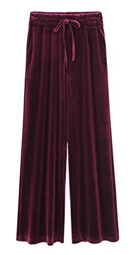 Itemnew Women's Casual Elastic Waist Relaxed Fit Wide-Leg Pleated Palazzo Slacks Velvet Pants (Small, Wine)