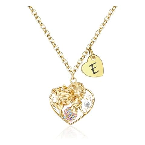 Aueoero Gifts for Girls Kids - 3D Initial Mermaid Necklace for Women Teen, Pearl Heart Mermaid Necklaces for Birthday Gifts, Christmas Gift (E, Gold) Cover