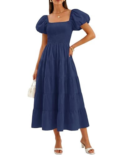 Image of ZESICA Women's 2026 Summer Puff Sleeve Midi Dress 2026 Boho Solid High Waist Flowy Beach Wedding Guest Long Dresses