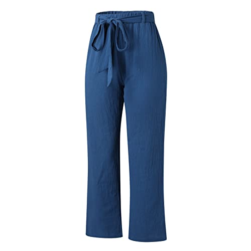 YOLAI Womens Cotton Linen Long Pant Elastic Waist High Waist Casual Trousers Drawstring Straight Leg Pant (Blue, XXL)4