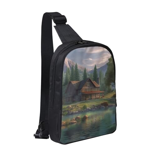 House By The Lake Printed Chest Bag Dual Pocket Diagonally Chest Messenger Bag