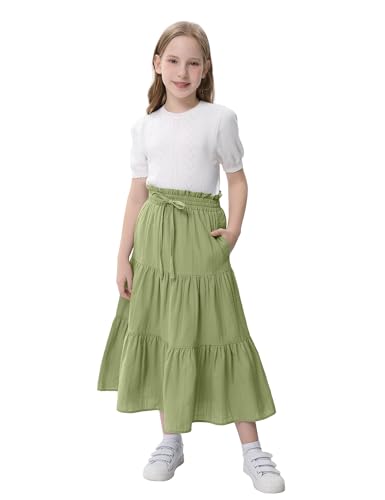 Image of Maxi Skorts Skirt for Girls Button Front High Waisted Long Skirt with Belt Ruffled Skirts with Pocket 3-12Years