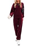 Beyove Jogginganzug Sport Set Damen Pyjama Velours Traingsanzug Rundhals Schlafanzug Fitness Outfit Warm Winter, Weinrot, XL