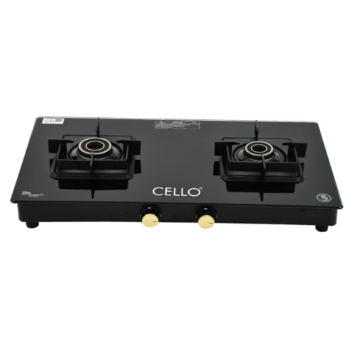 Image of Cello PEARL PLUS GT 2 Burner Gas Stove | Flower Design Brass Burners, 6mm Toughened Glass, Heavy-Duty Brass Valves, Flame Guard Pan Supports