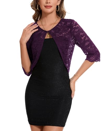 Image of MINTLIMIT Women's Elegant Floral Lace Shrug Bolero Summer Lightweight 3 /4 Sleeve Hook Open Front Cropped Cardigan for Dresses
