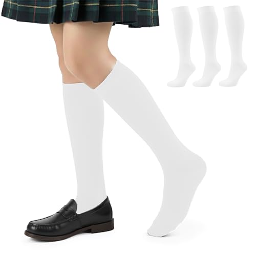 J&A MARTS 3 Pairs Girls & Boys Knee High School Socks Cotton Rich Long Socks for School Uniform Soft & Comfortable Kids Socks Back to School Essentials (White-9-12-KneeHigh)