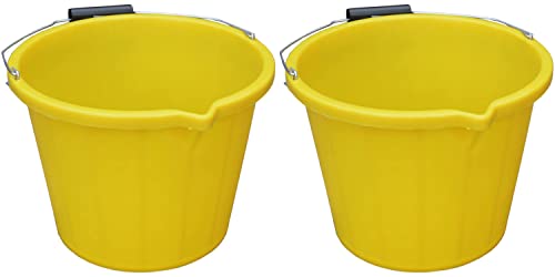 [Set of 2] 14L Litre (3 Gallon) Strong Yellow Plastic Builders Bucket Multipurpose Storage Bucket With Metal Handle & Spout For Cleaning Animal Feed Cement Mixing Construction Car Wash Home & Garden
