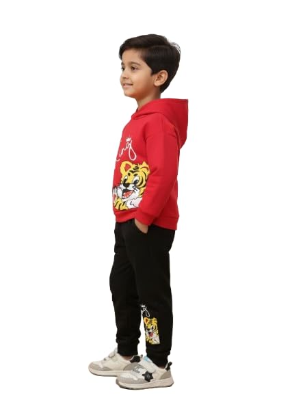 Image of Kids Winter Hooded Sweatshirt Set, Red and Black Cotton Tracksuit with Animal Print Design, Casual Wear for Toddlers