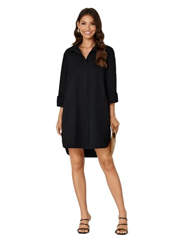 Image of Vrtige Women's Casual Collar V Neck Button Down Long Sleeve Tunic Mini Short Shirt Dress with Pockets Black Large