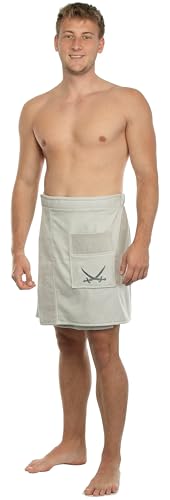 Sansibar Herren Saunakilt Saunasarong S-XXL mit Klettverschluss, Gummizug und Tasche mit gesticktem Säbel Logo 100% Baumwolle Silber/Hellgrau