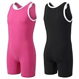 2 Pcs Youth Wrestling Singlet, Full-coverage Standard Wrestling Singlet for Youth Girls Aged 7-9 and 4'3'-4'7' Tall, Breathable Stretchable Fabric for Training Gymnastics, Black & Rose Pink(L)