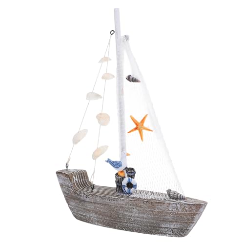 LOGOFUN Wooden Mediterranean Sailboat with Shells Nautical Style Table Centerpiece for Home Office Desktop Decoration - Brown 28cm