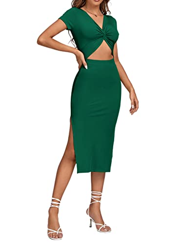 Image of LYANER Women's Twist Front Cut Out Split Hem V Neck Short Sleeve Knit Bodycon Midi Dress