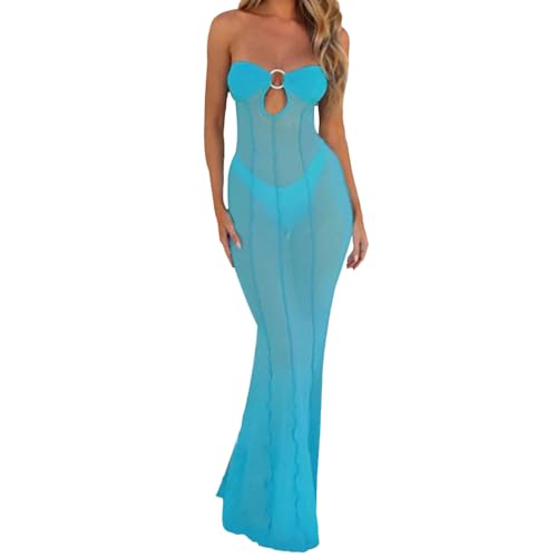 Image of Sexy Sheer Mesh Dresses for Women See Through Maxi Dress Strapless Tube Top Night Party