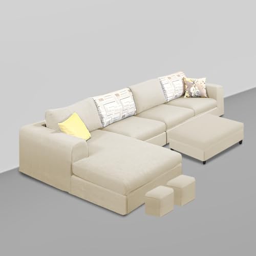 Image of Koza LHS 8 Seater L Shape Sofa Set with Center Table for Living Room (Cream Fabric) Premium Fabric Sofa