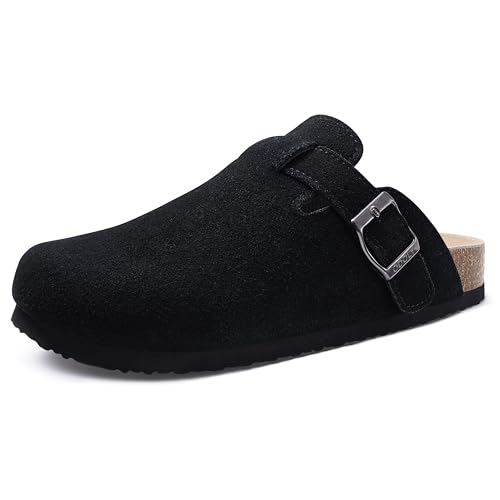 ODOLY Genuine Suede Clogs for Women Men Soft Cork Footbed Leather Mules Comfort Potato Shoes with Arch Support, Black39