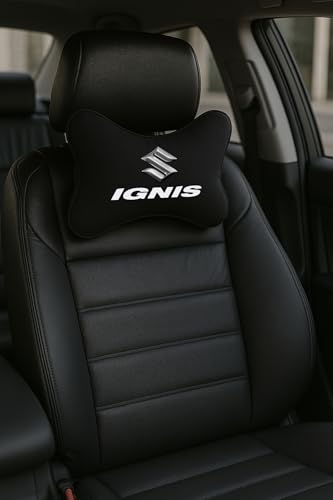 Image of Maruti Suzuki Ignis Car Headrest Neck Pillow - Neck Support Cushion for Driving | Soft Polyester, Ergonomic, Pain Relief, Travel Use | 26 x 18 cm (Black)